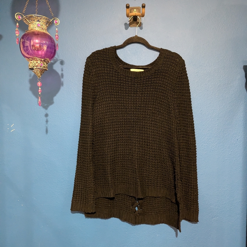 Pink Rose Black Knit Women's Sweater Lace Up Style Back